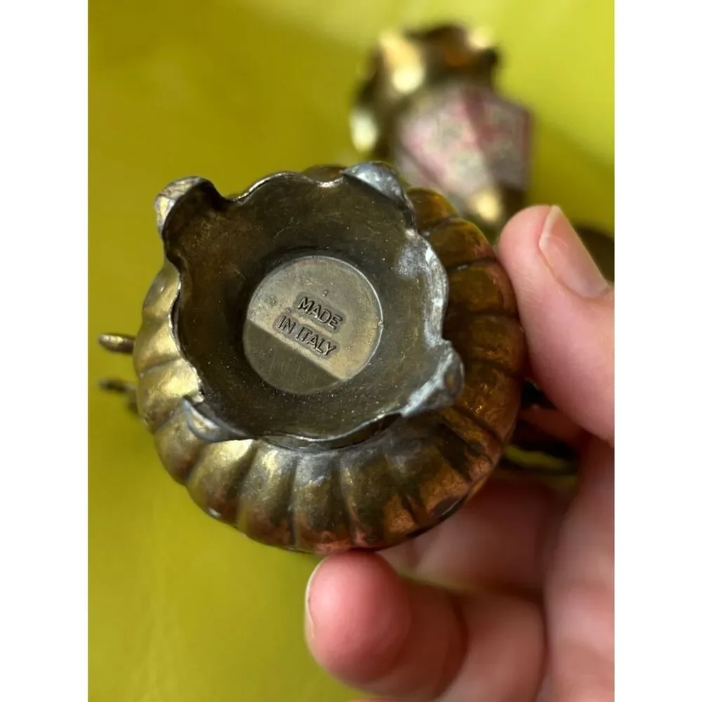 Vintage Brass Mini Vase Set Italy & India Ornate Floral Etched Bud Vases